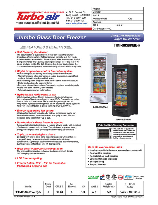 Turbo Air TJMF-30SDB-N 36 5/8" Black Super Deluxe One Section Glass Door Display Freezer – (1) Swing Door, 115v - Donut-Equipment.com