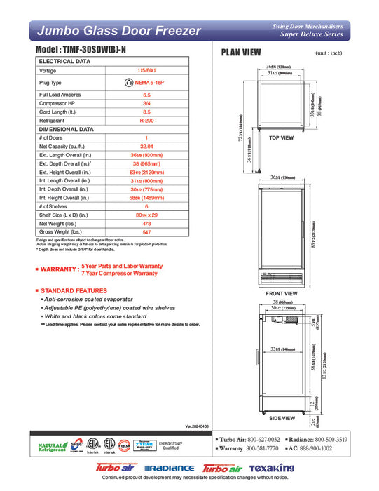 Turbo Air TJMF-30SDB-N 36 5/8" Black Super Deluxe One Section Glass Door Display Freezer – (1) Swing Door, 115v - Donut-Equipment.com