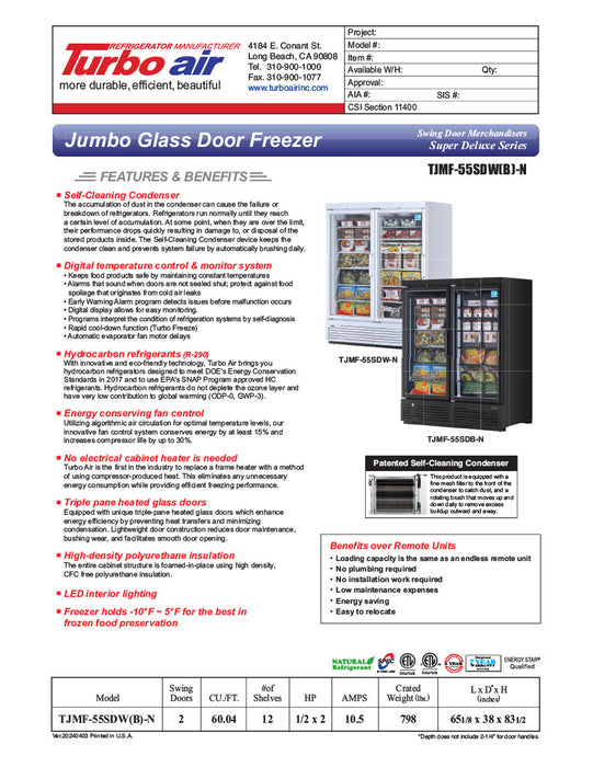 Turbo Air TJMF-55SDB-N 65" Black Super Deluxe Two Section Glass Door Display Freezer – (2) Swing Doors, 115v - Donut-Equipment.com
