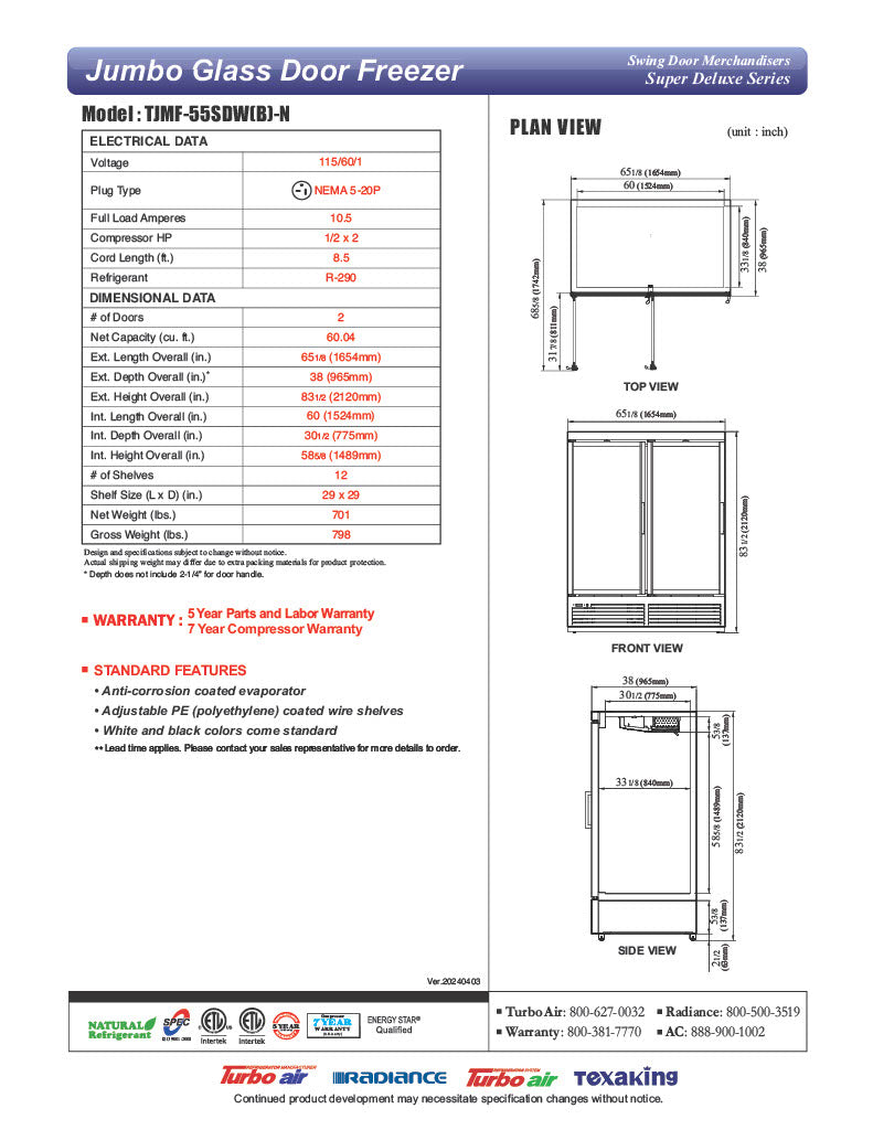 Turbo Air TJMF-55SDB-N 65" Black Super Deluxe Two Section Glass Door Display Freezer – (2) Swing Doors, 115v - Donut-Equipment.com