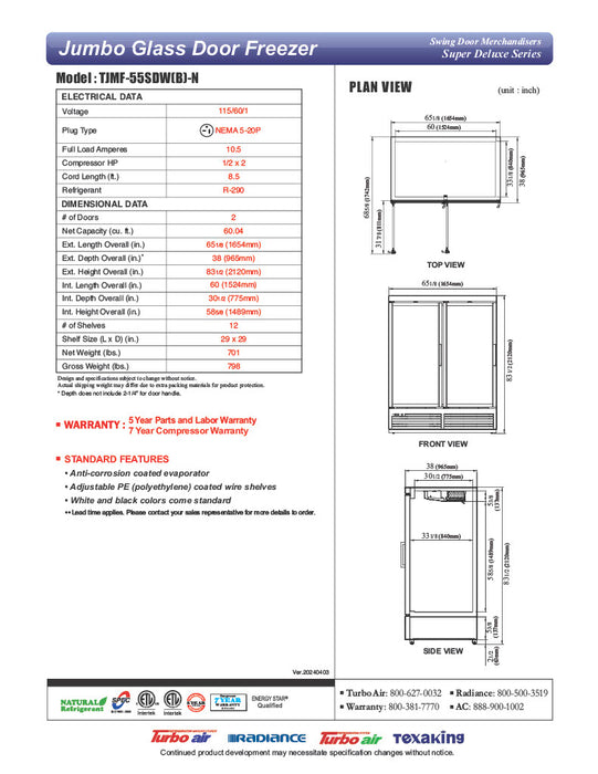 Turbo Air TJMF-55SDB-N 65" Black Super Deluxe Two Section Glass Door Display Freezer – (2) Swing Doors, 115v - Donut-Equipment.com