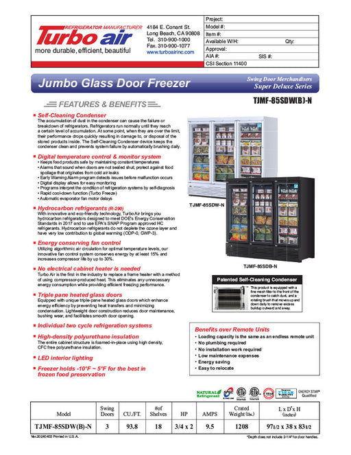 Turbo Air TJMF-85SDB-N 97 1/2" Black Super Deluxe Three Section Glass Door Display Freezer – (3) Swing Doors, 115v - Donut-Equipment.com