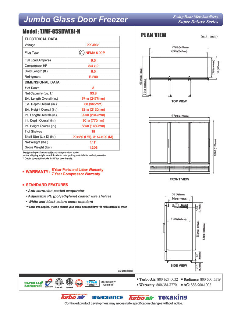 Turbo Air TJMF-85SDB-N 97 1/2" Black Super Deluxe Three Section Glass Door Display Freezer – (3) Swing Doors, 115v - Donut-Equipment.com