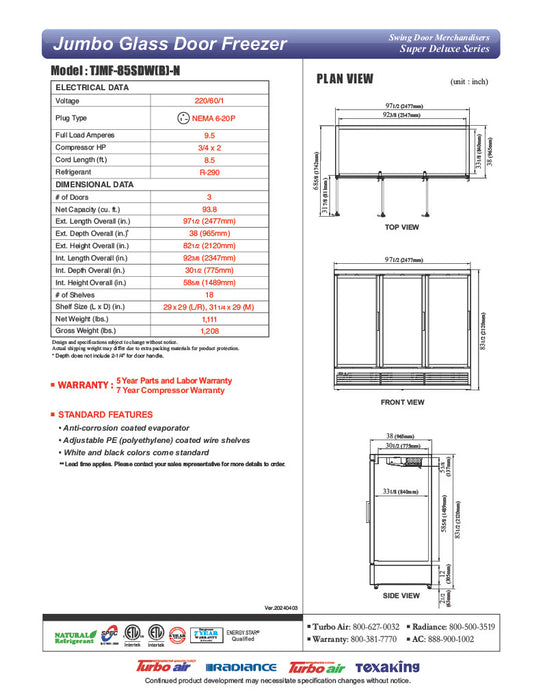 Turbo Air TJMF-85SDB-N 97 1/2" Black Super Deluxe Three Section Glass Door Display Freezer – (3) Swing Doors, 115v - Donut-Equipment.com