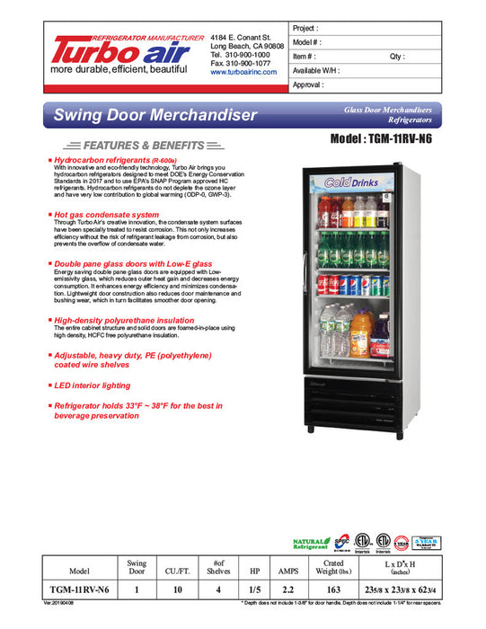Turbo Air TGM-11RV-N6 24" Refrigerator Merchandiser – One Section, Glass Swing Door, LED Lighting, 115v - Donut-Equipment.com