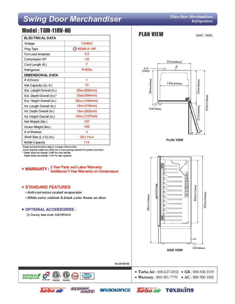 Turbo Air TGM-11RV-N6 24" Refrigerator Merchandiser – One Section, Glass Swing Door, LED Lighting, 115v - Donut-Equipment.com