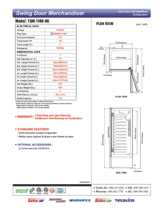 Turbo Air TGM-11RV-N6 24" Refrigerator Merchandiser – One Section, Glass Swing Door, LED Lighting, 115v - Donut-Equipment.com
