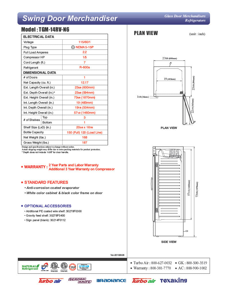 Turbo Air TGM-14RV-N6 24" Glass Door Merchandiser Refrigerator – One Section, Swing Door, LED Interior Lighting, 115v - Donut-Equipment.com