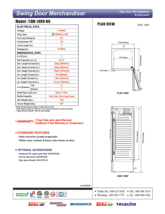 Turbo Air TGM-14RV-N6 24" Glass Door Merchandiser Refrigerator – One Section, Swing Door, LED Interior Lighting, 115v - Donut-Equipment.com