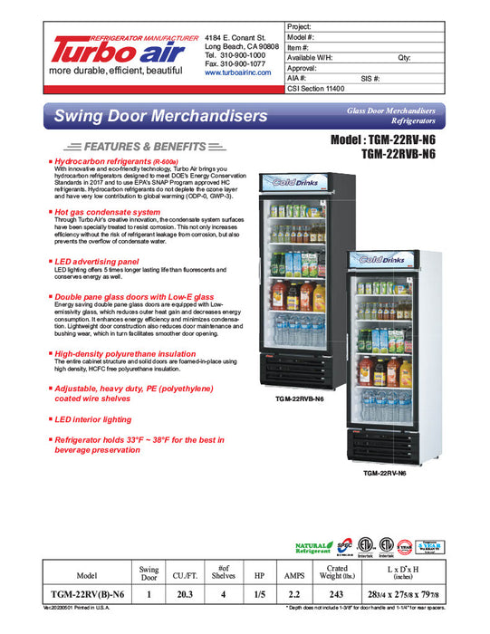 Turbo Air TGM-22RVB-N6 29" TGM Series One Section Glass Door Merchandiser - (1) Right Hinge Door, Black, 115v - Donut-Equipment.com