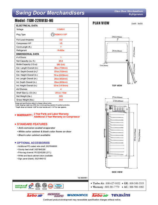 Turbo Air TGM-22RVB-N6 29" TGM Series One Section Glass Door Merchandiser - (1) Right Hinge Door, Black, 115v - Donut-Equipment.com