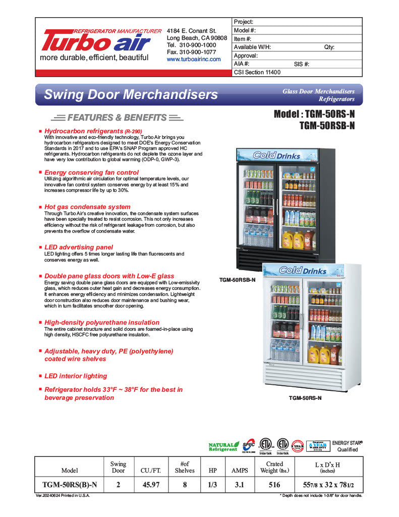 Turbo Air TGM-50RS-N 56" Two Section Glass Door Merchandiser - (2) Left/Right Hinge Doors, White, 115v - Donut-Equipment.com