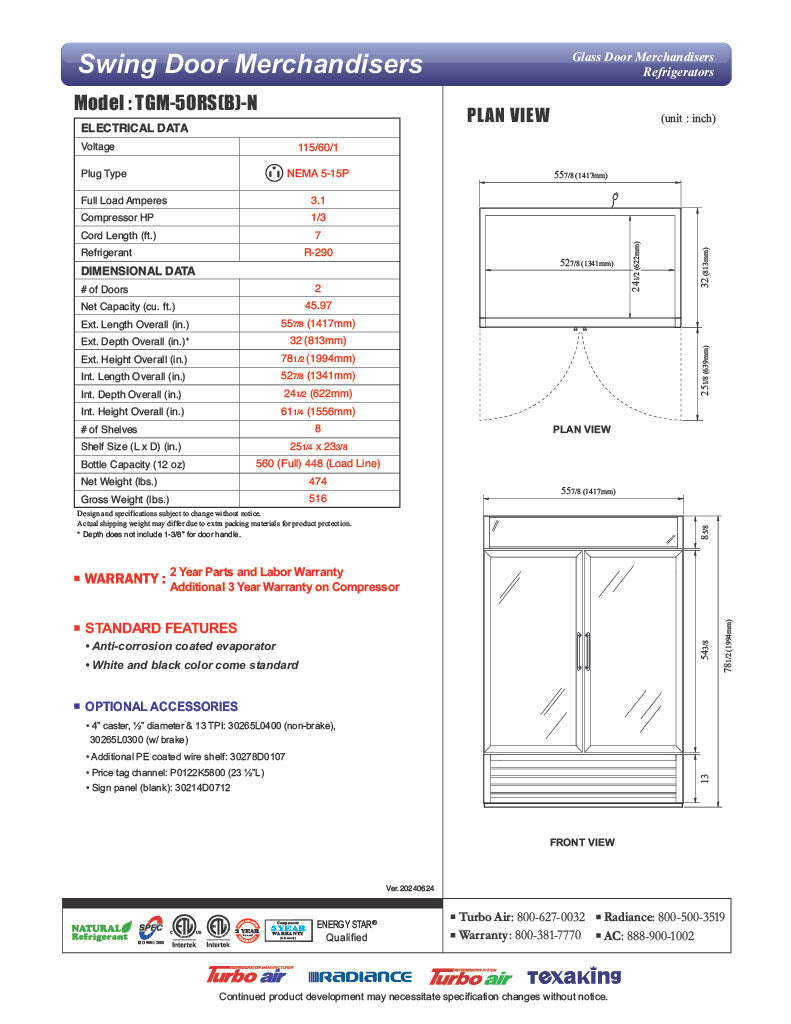 Turbo Air TGM-50RS-N 56" Two Section Glass Door Merchandiser - (2) Left/Right Hinge Doors, White, 115v - Donut-Equipment.com