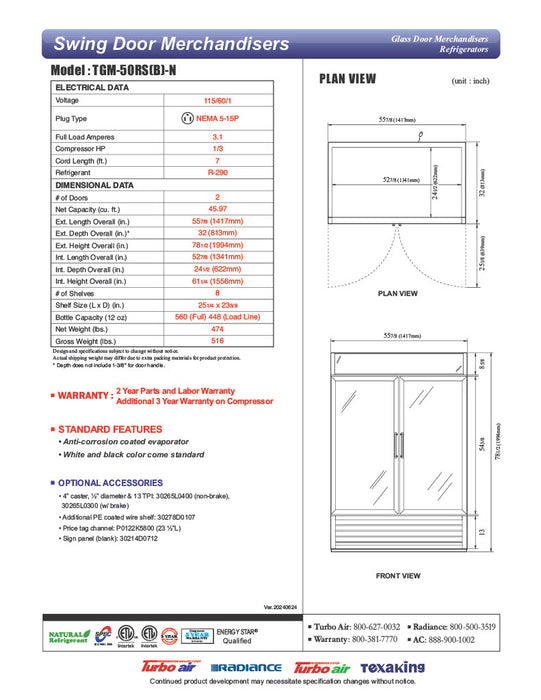 Turbo Air TGM-50RSB-N 56" Series Two Section Glass Door Merchandiser - (2) Left/Right Hinge Doors, Black, 115v - Donut-Equipment.com