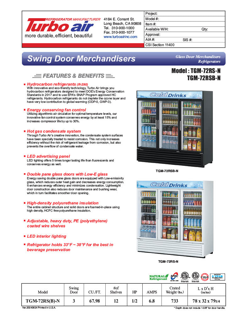 Turbo Air TGM-72RS-N 78" Series Three Section Glass Door Merchandiser - (3) Left/Right Hinge Doors, White, 115v - Donut-Equipment.com