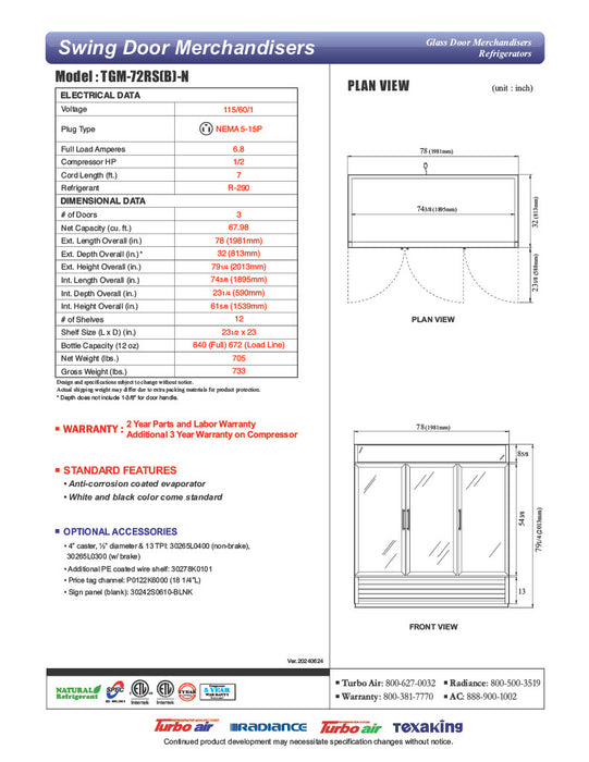 Turbo Air TGM-72RSB-N 78" Series Three Section Glass Door Merchandiser - (3) Left/Right Hinge Doors, Black, 115v - Donut-Equipment.com