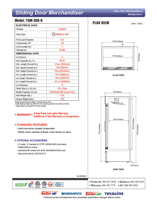Turbo Air TGM-35R-N 41" Series Two Section Glass Door Merchandiser - (2) Sliding Doors, White, 115v - Donut-Equipment.com