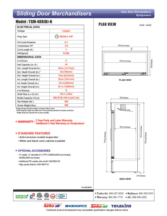 Turbo Air TGM-48RB-N 56" Series Two Section Glass Door Merchandiser - (2) Sliding Doors, Black, 115v - Donut-Equipment.com
