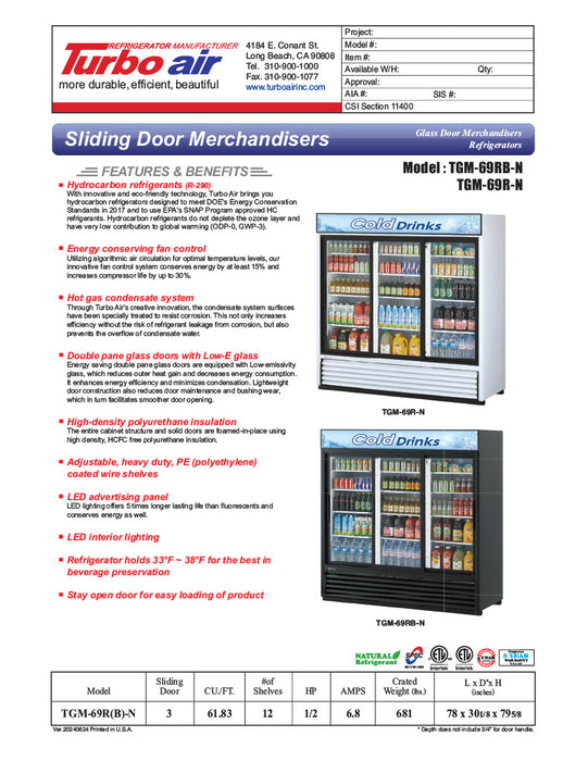 Turbo Air TGM-69RB-N 78" Black Three Section Glass Door Merchandiser Refrigerator – (3) Swing Doors, LED Lighting, 115v - Donut-Equipment.com