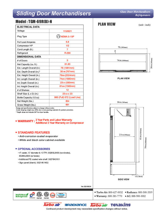 Turbo Air TGM-69RB-N 78" Black Three Section Glass Door Merchandiser Refrigerator – (3) Swing Doors, LED Lighting, 115v - Donut-Equipment.com