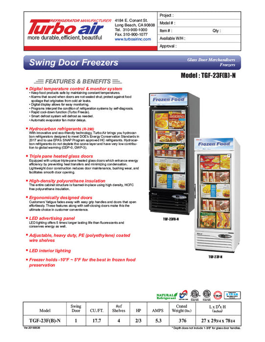 Turbo Air TGF-23FB-N 27" One Section Display Freezer w/ Swing Door - Bottom Mount Compressor, Black, 115v - Donut-Equipment.com