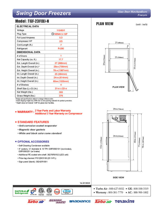Turbo Air TGF-23FB-N 27" One Section Display Freezer w/ Swing Door - Bottom Mount Compressor, Black, 115v - Donut-Equipment.com