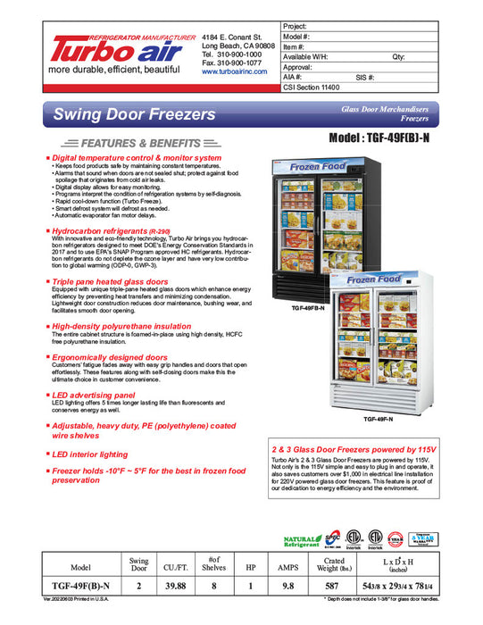 Turbo Air TGF-49FB-N 54 3/8" Two Section Display Freezer w/ Swing Doors - Bottom Mount Compressor, Black, 115v - Donut-Equipment.com