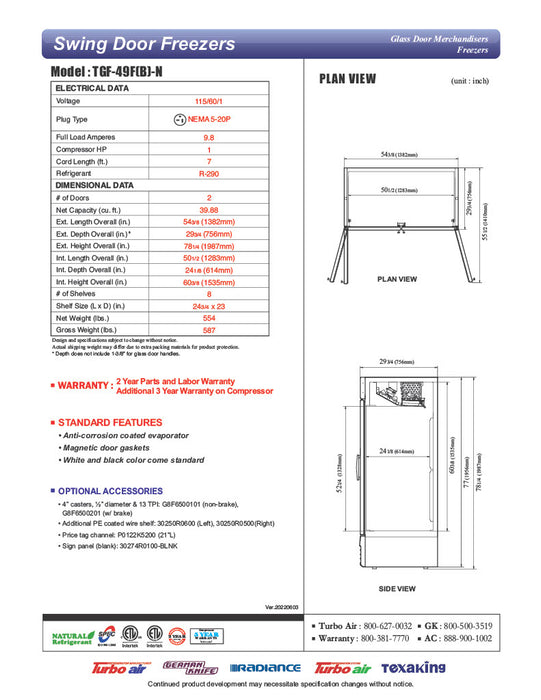 Turbo Air TGF-49FB-N 54 3/8" Two Section Display Freezer w/ Swing Doors - Bottom Mount Compressor, Black, 115v - Donut-Equipment.com