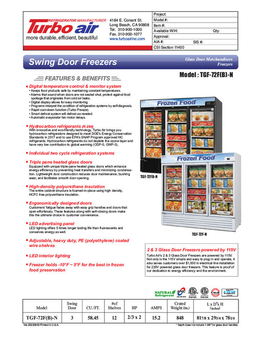 Turbo Air TGF-72FB-N 81 7/8" Three Section Display Freezer w/ Swing Doors - Bottom Mount Compressor, Black, 115v - Donut-Equipment.com