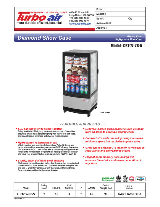 Turbo Air CRT-77-2R-N 17" Diamond Series Countertop Display Refrigerator – Pass-Thru Access, Swing Doors, Stainless Steel Finish, 115v - Donut-Equipment.com