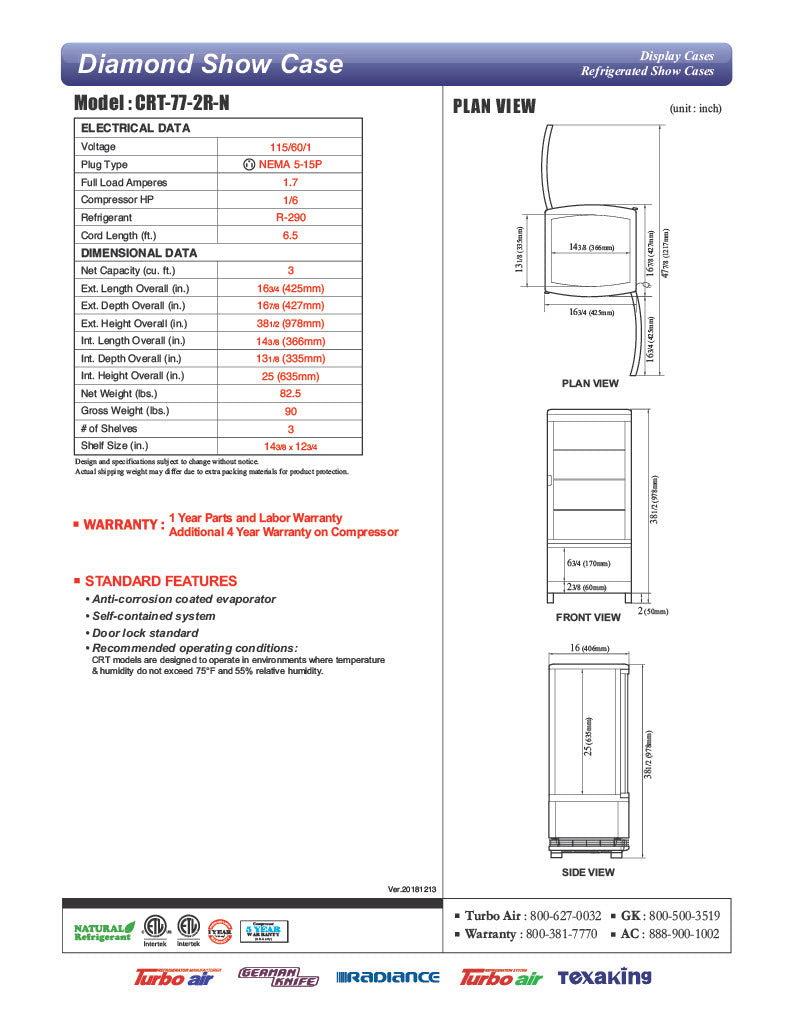 Turbo Air CRT-77-2R-N 17" Diamond Series Countertop Display Refrigerator – Pass-Thru Access, Swing Doors, Stainless Steel Finish, 115v - Donut-Equipment.com