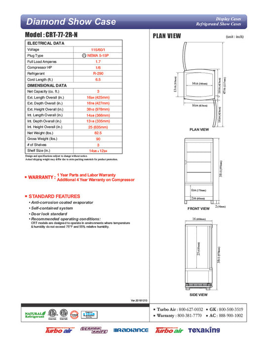 Turbo Air CRT-77-2R-N 17" Diamond Series Countertop Display Refrigerator – Pass-Thru Access, Swing Doors, Stainless Steel Finish, 115v - Donut-Equipment.com