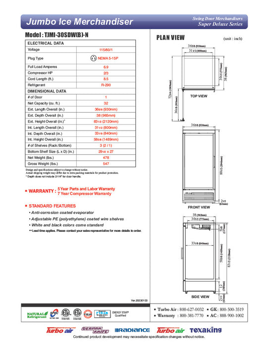 Turbo Air TJMI-30SDW-N 36 5/8" White Indoor Ice Merchandiser w/ Glass Door – Bottom Mount Compressor, 115v - Donut-Equipment.com