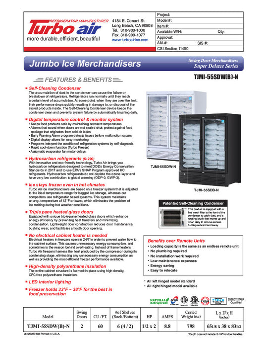 Turbo Air TJMI-55SDW-N 65 1/8" White Indoor Ice Merchandiser w/ Glass Door – Bottom Mount Compressor, 115v - Donut-Equipment.com