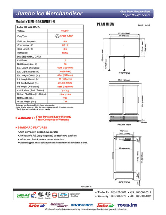 Turbo Air TJMI-55SDW-N 65 1/8" White Indoor Ice Merchandiser w/ Glass Door – Bottom Mount Compressor, 115v - Donut-Equipment.com