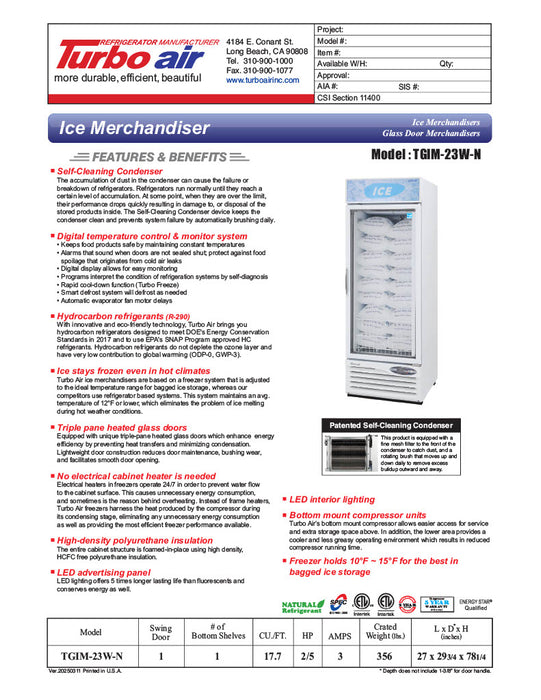 Turbo Air TGIM-23W-N 27" Indoor Ice Merchandiser w/ Bottom Mount Compressor - Glass Door, 115v - Donut-Equipment.com