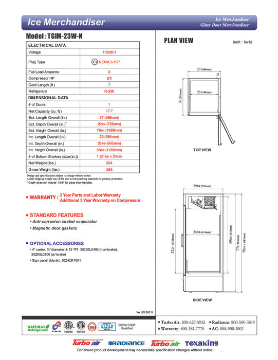 Turbo Air TGIM-23W-N 27" Indoor Ice Merchandiser w/ Bottom Mount Compressor - Glass Door, 115v - Donut-Equipment.com