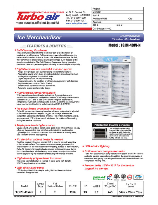 Turbo Air TGIM-49W-N 54" Indoor Ice Merchandiser w/ Bottom Mount Compressor - Glass Door, 115v - Donut-Equipment.com