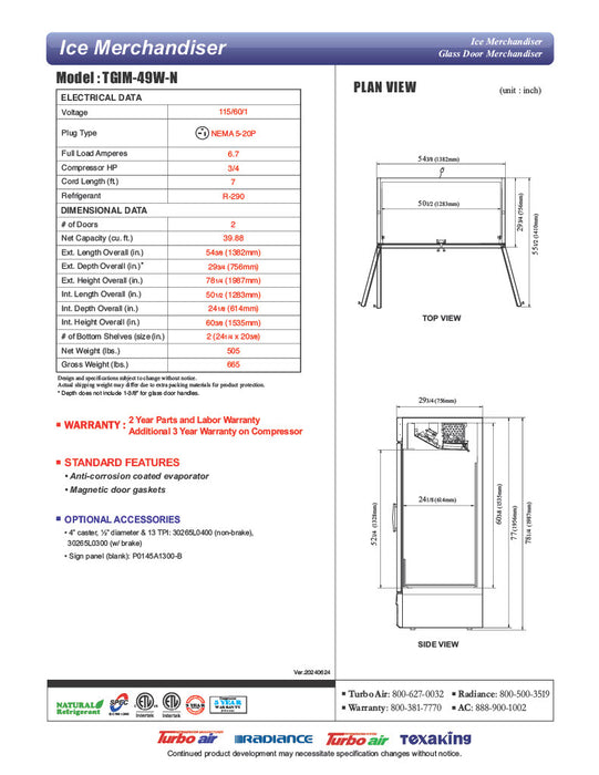 Turbo Air TGIM-49W-N 54" Indoor Ice Merchandiser w/ Bottom Mount Compressor - Glass Door, 115v - Donut-Equipment.com