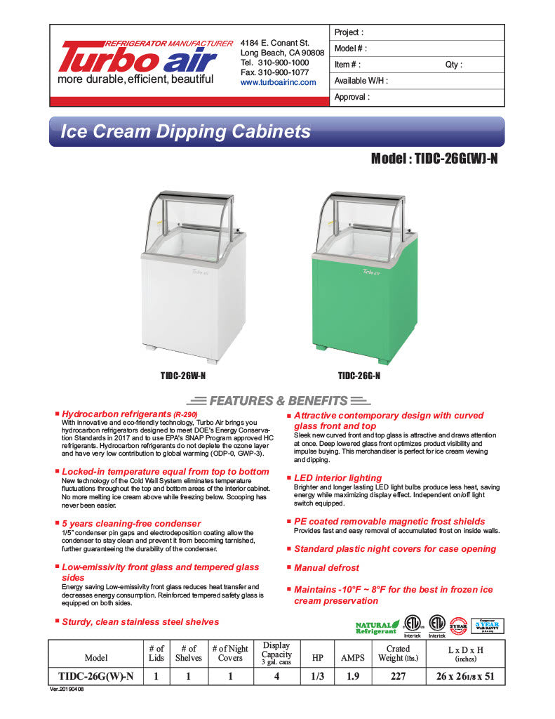 Turbo Air TIDC-26W-N 26" Stand Alone Ice Cream Freezer w/ 4 Tub Capacity - White, 115v - Donut-Equipment.com