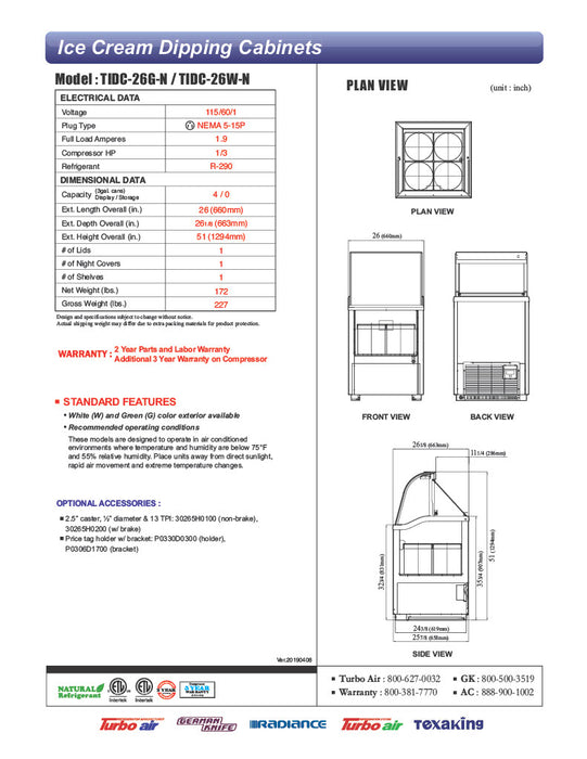 Turbo Air TIDC-26W-N 26" Stand Alone Ice Cream Freezer w/ 4 Tub Capacity - White, 115v - Donut-Equipment.com
