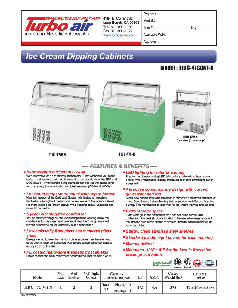 Turbo Air TIDC-47W-N 47" Stand Alone Ice Cream Freezer w/ 8 Tub Capacity - White, 115v - Donut-Equipment.com