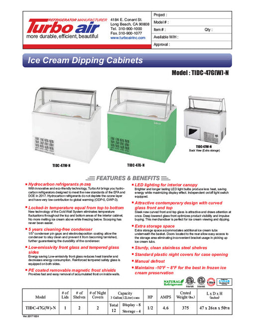 Turbo Air TIDC-47W-N 47" Stand Alone Ice Cream Freezer w/ 8 Tub Capacity - White, 115v - Donut-Equipment.com