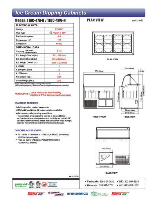 Turbo Air TIDC-47W-N 47" Stand Alone Ice Cream Freezer w/ 8 Tub Capacity - White, 115v - Donut-Equipment.com