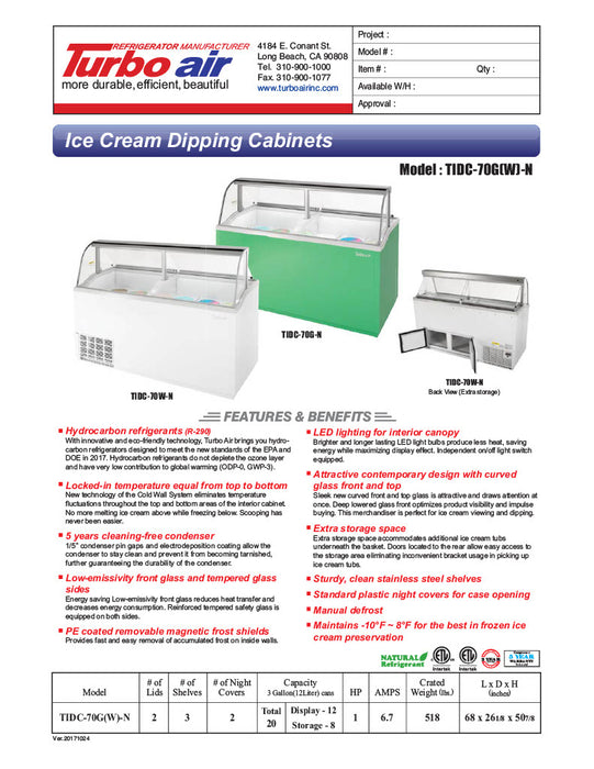 Turbo Air TIDC-70W-N 68" Stand Alone Ice Cream Freezer w/ 12 Tub Capacity - White, 115v - Donut-Equipment.com