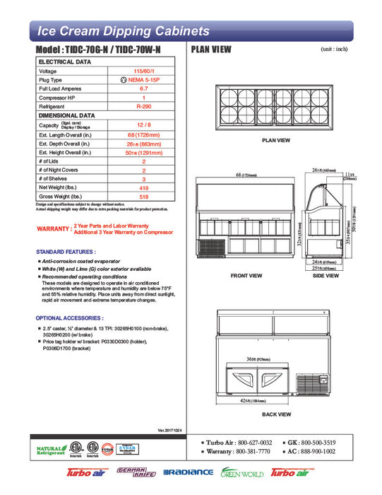 Turbo Air TIDC-70W-N 68" Stand Alone Ice Cream Freezer w/ 12 Tub Capacity - White, 115v - Donut-Equipment.com
