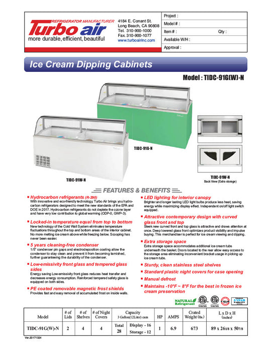 Turbo Air TIDC-91W-N 89" Stand-Alone Ice Cream Freezer w/ (16) 3 gal Tub Capacity - White, 115v - Donut-Equipment.com