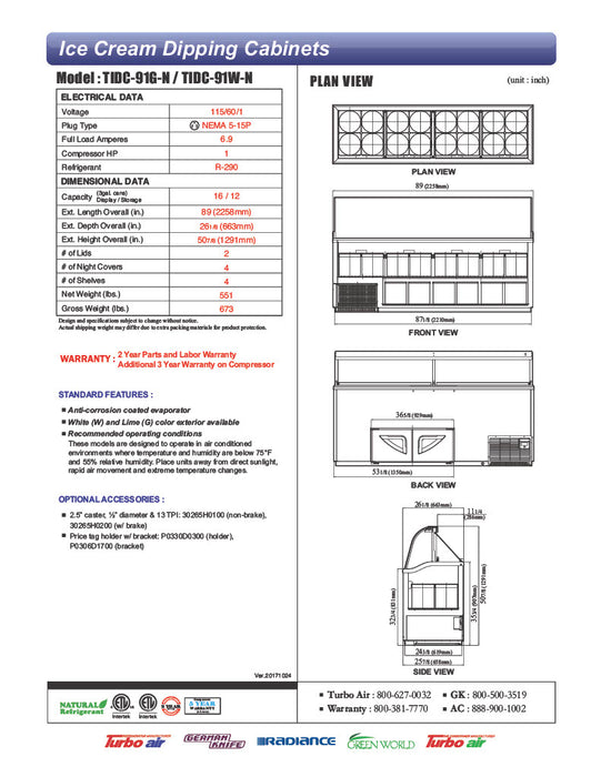 Turbo Air TIDC-91W-N 89" Stand-Alone Ice Cream Freezer w/ (16) 3 gal Tub Capacity - White, 115v - Donut-Equipment.com