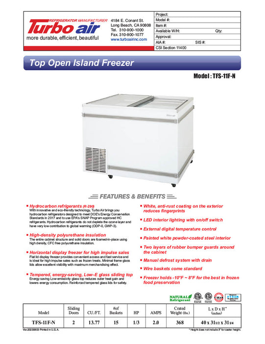 Turbo Air TFS-11F-N 40" Mobile Chest Freezer w/ (15) Baskets - White, 115v - Donut-Equipment.com