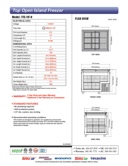 Turbo Air TFS-11F-N 40" Mobile Chest Freezer w/ (15) Baskets - White, 115v - Donut-Equipment.com